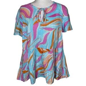 Terra & Sky Women’s Boho Hippie Peasant Artsy‎ Colorful Psychedelic Print Top XL